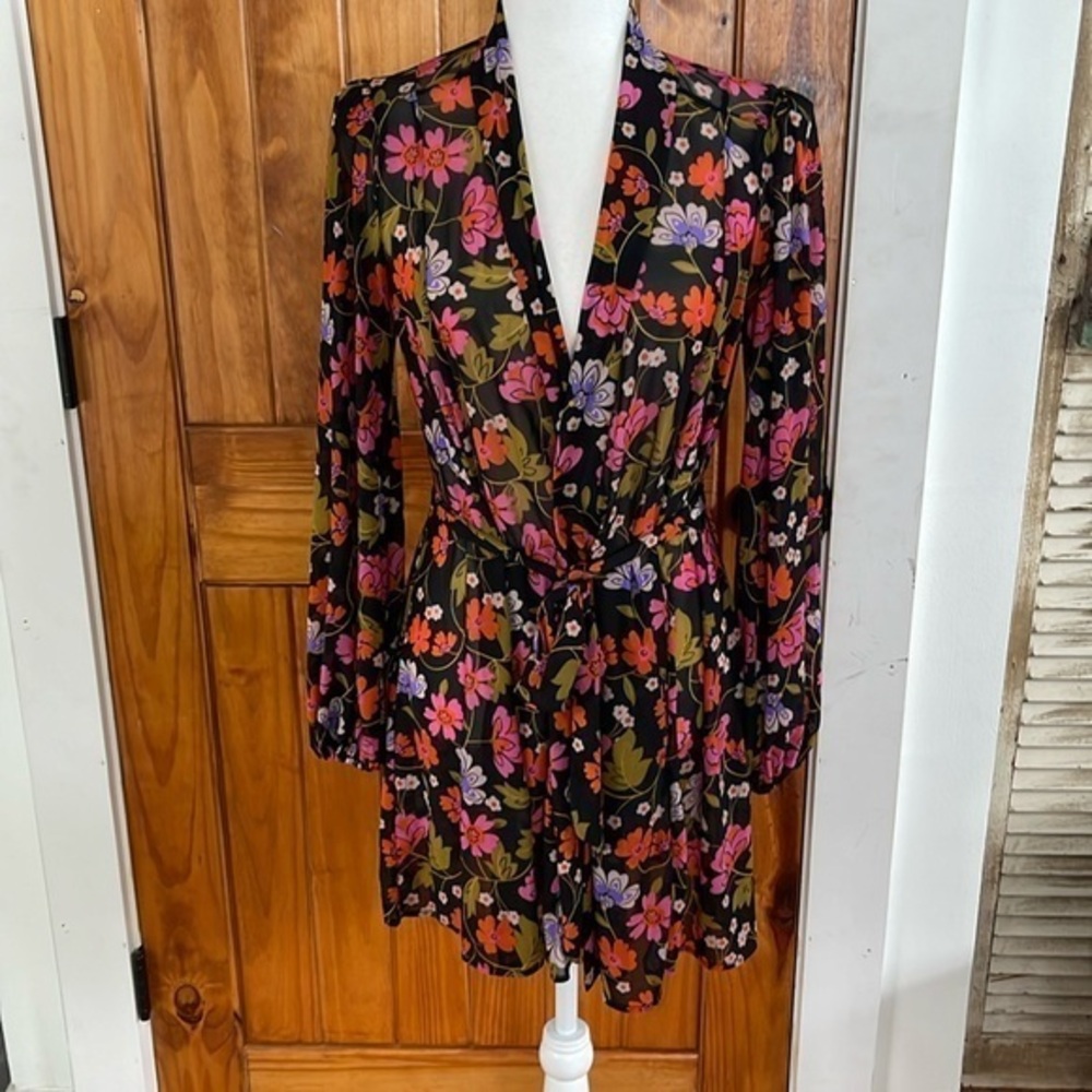 Cabi Mingle Kimono Cardigan Black Floral Colorful Mesh Belted Small New